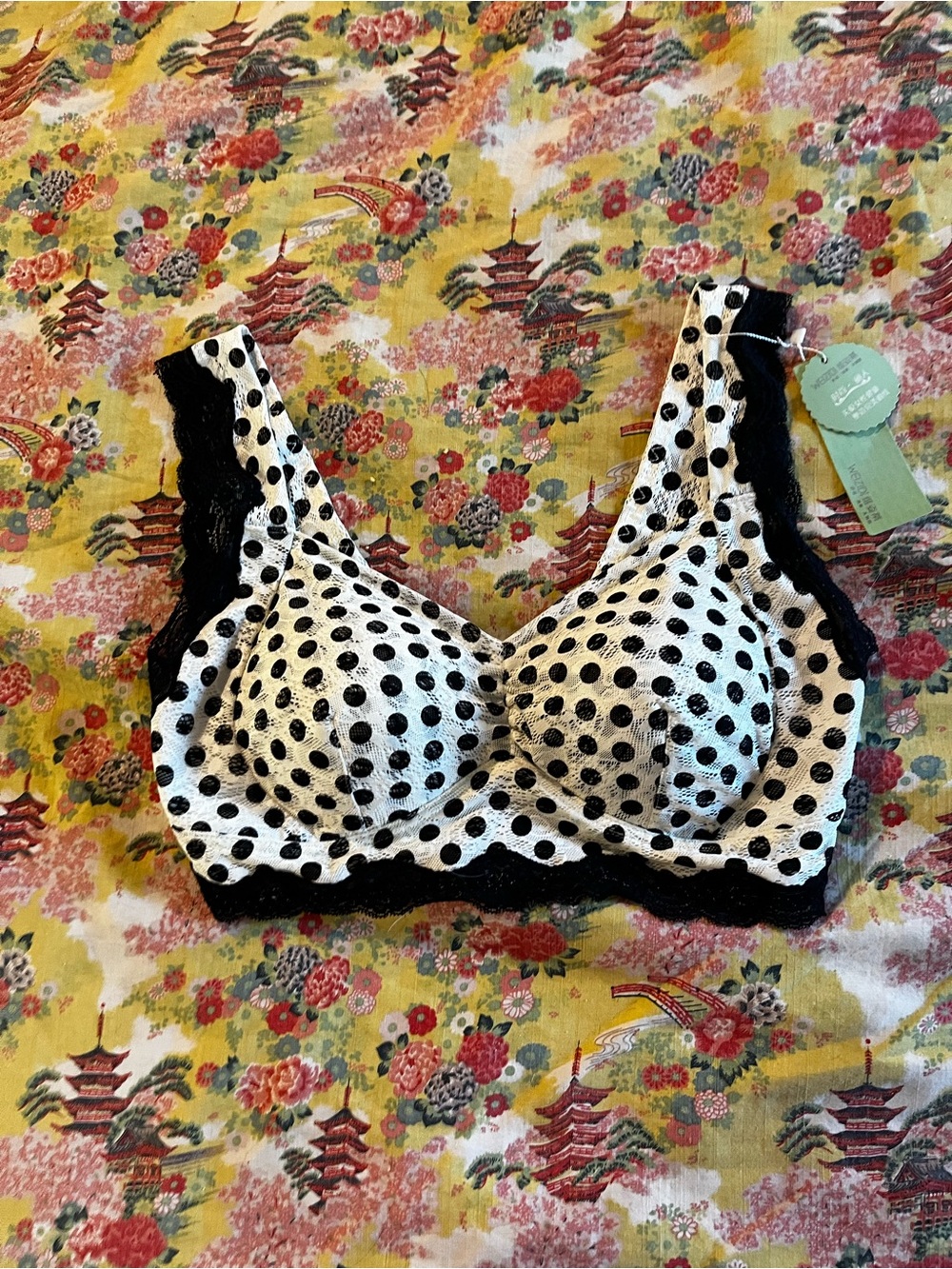 Polka Dot Lace Wireless Bralette - White & Black
